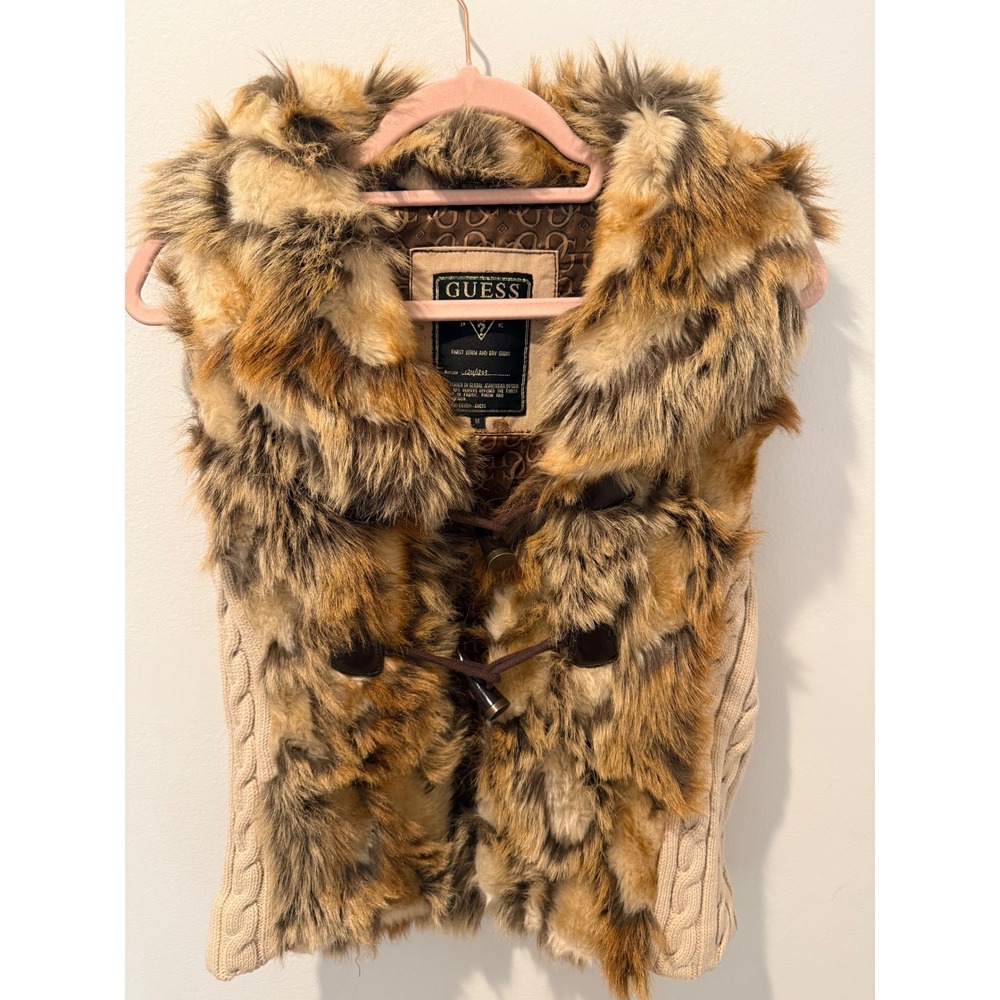 Vintage Y2K Guess Faux Fur Cable Knit Toggle Vest